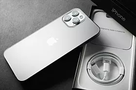Apple iPhone 12 Pro Max just unpacked, closeup.