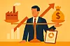 Grafik: Ein Mann steht und um ihn herum Grafik von Fabrik und einem Geldsack.
