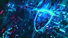 Digital shield representing cybersecurity protection, with blue and red lights symbolizing data security, encryption, and firewall defense.