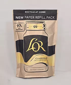 Refillbeutel aus Papier für löslichen Kaffee.