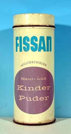 Schlanke Fissan-Blechpuderdose zum Nachfüllen aus den Fünfzigerjahren des letzten Jahrhunderts.