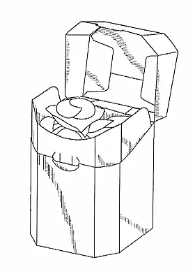 Polygone Kartonbox: Zweiteiliger Zuschnitt zum Erstellen einer wiederverschließbaren Scharnierdeckelschachtel mit Einsatz. Die Frontseite der Schachtel ist mit abgeschrägten Kanten versehen. Intern. Patent Nr. WO 2025/199270 A1, Anmelder: Graphic Packaging International LLC., Atlanta, Anmeldedatum: 20.03.2025